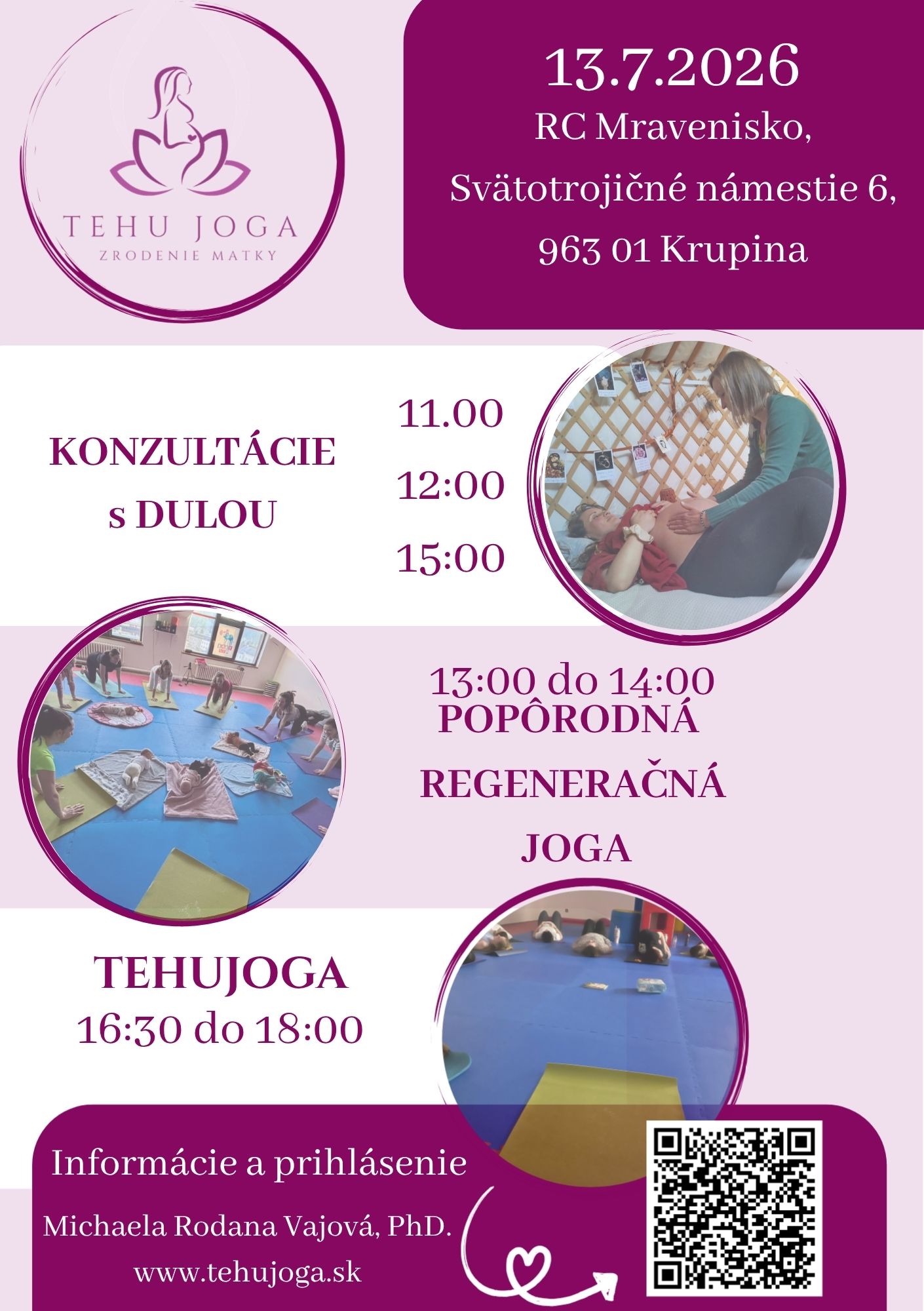 TEHUJOGA v RC Mravenisko v Krupine - cvičenie, konzultácie s dulou